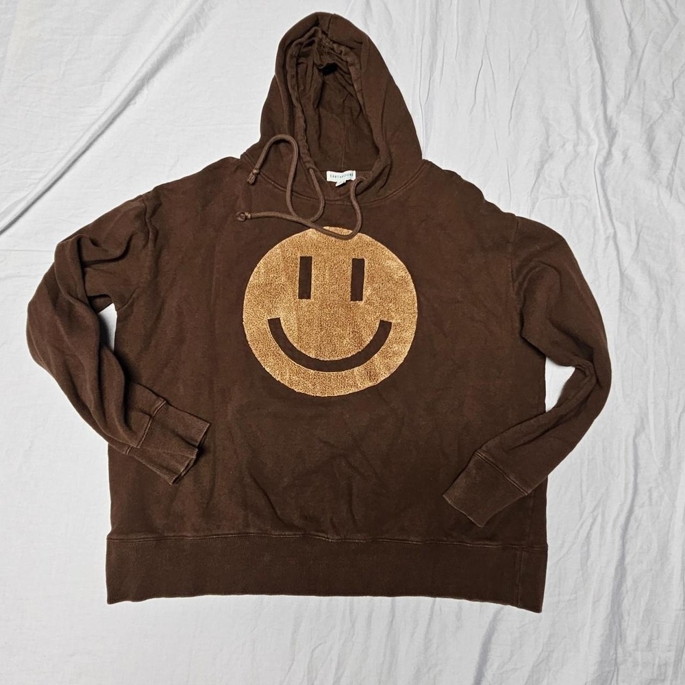 Earthbound Trading Co Smiley Face Hoodie Womens XL Brown Chenille Patch Pullover